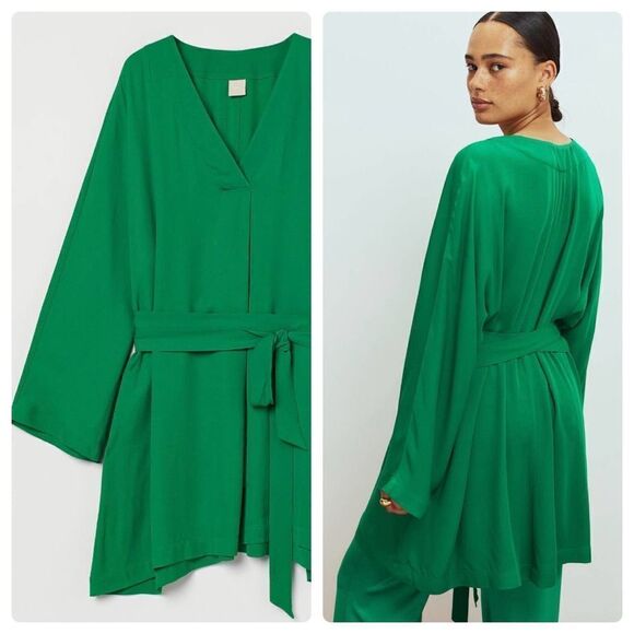 H&M Kaftan Dress Belted Green Short Oversized New - Picture 1 of 8